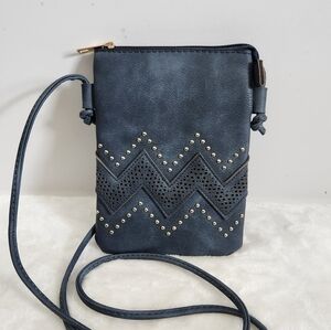 Boutique Blue Faux Leather Zig Zag Gold Embellished Crossbody Bag Purse